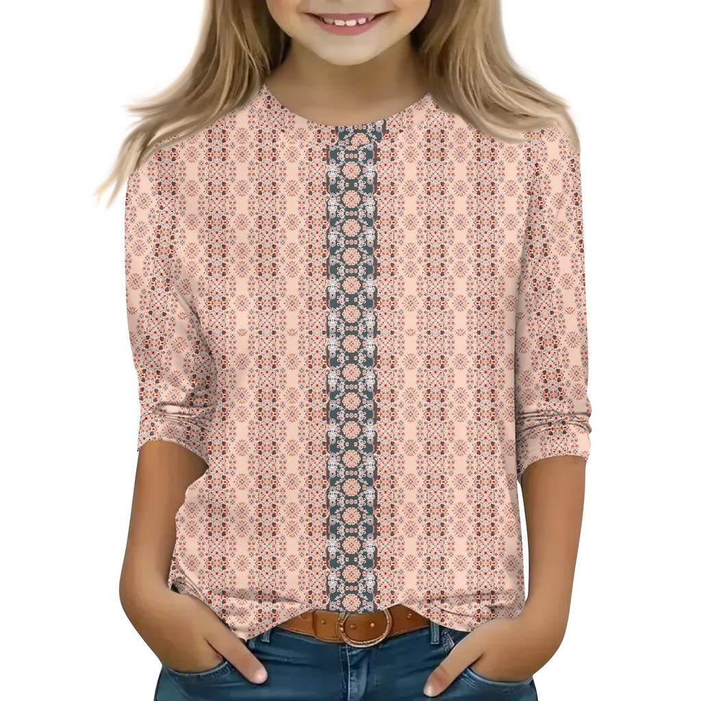 Print Tops For Youth Girls 5-16 Years Round Neck 3/4 Sleeves T-Shirts Trendy Tops Outfit Tees