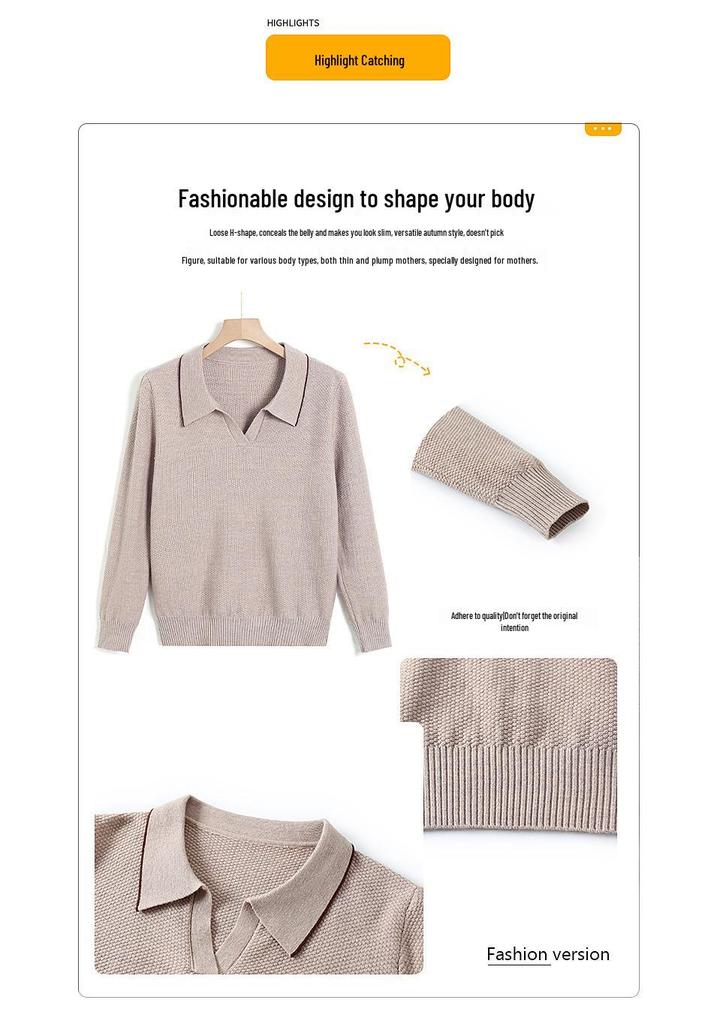 2023 Women's Knit Lapel T-Shirt for Middle-Aged & Elderly - Pure Color Sweater, Ideal for Young Moms, Autumn/Winter Base Layer