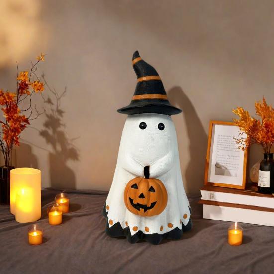 Хэллоуин Статуэтка Привидения Маленькое Белое Привидение с Тыквой Милая Фигурка Привидения из Смолы Настольное Украшение для Внутреннего/Наружного Хэллоуинского Декора