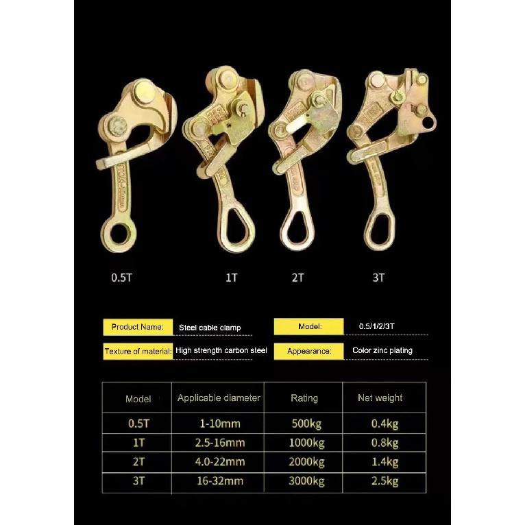 Electrician Wire Puller Tensioner Wire Rope Jammer Tool 0.5T 1T 2T 3T Metal Wire Rope Clip Double Hook Wire Tightener Power