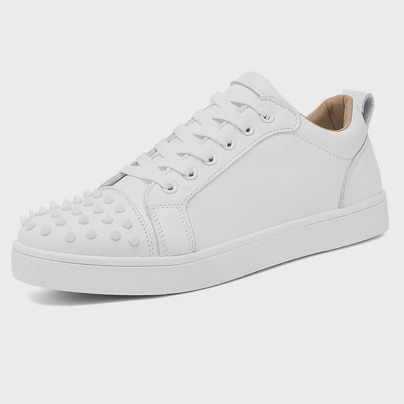 Men's Red Bottom Rivet Casual White Sneakers - Trendy Microfiber Leather Shoes