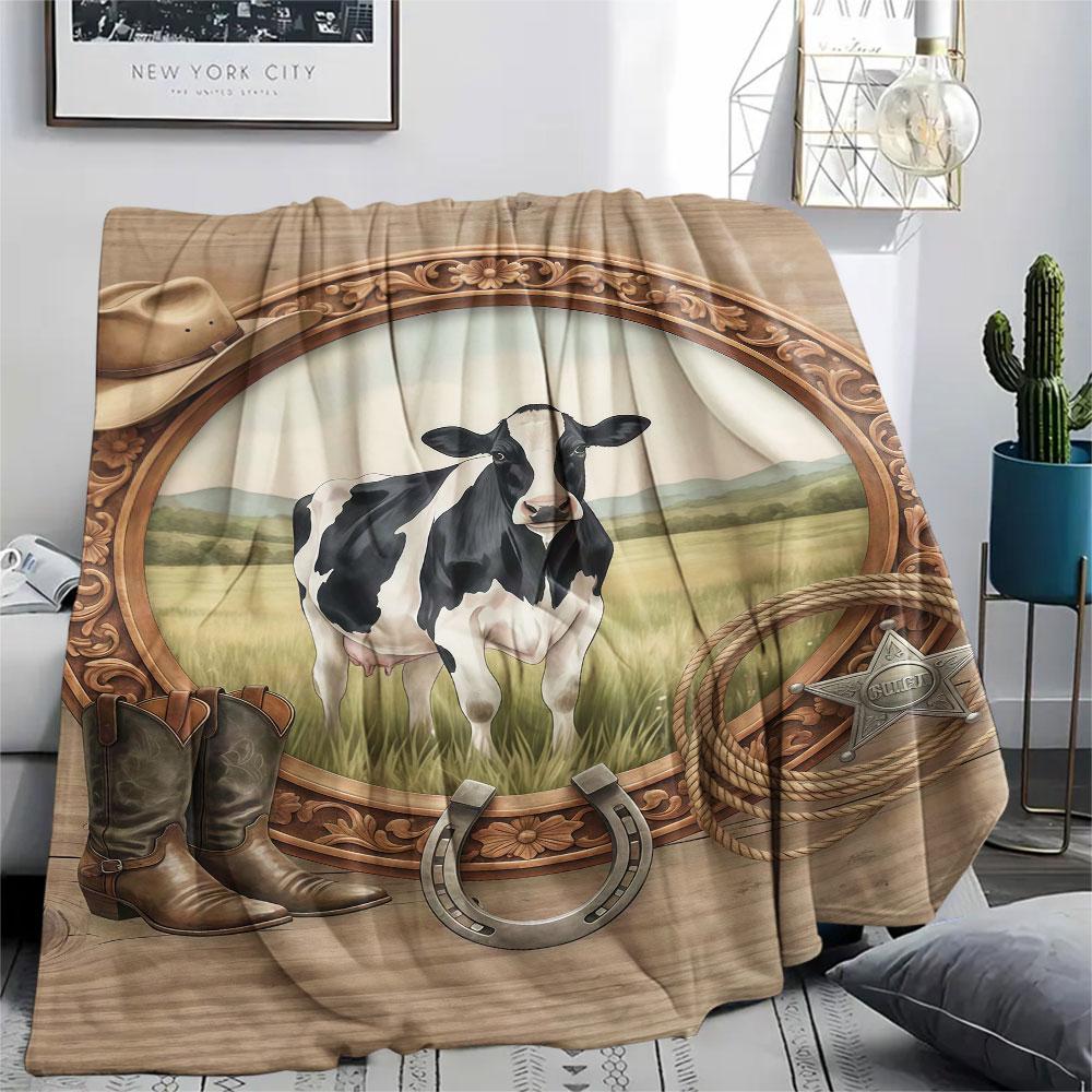 1Pc Woodenlivestock Print Flannel Blanket, High quality Comfortable for All Seasons, Home Decor, Warmth and Comfort, Perfect for Christmas Gifts