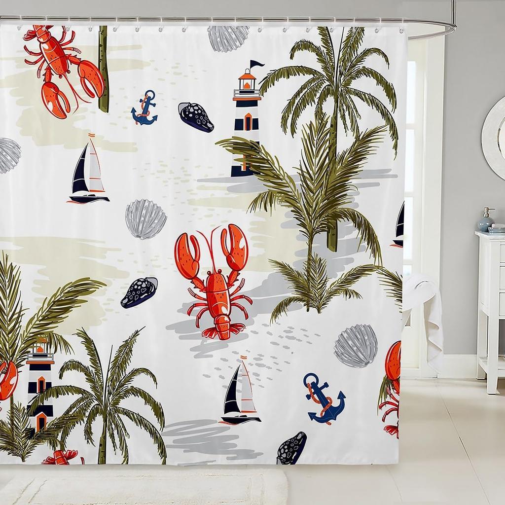 Lighthouse Shower Curtain Lobster Shower Curtain Sets for Teens Young Palm Trees Nautical Sailboat Bathroom Curtains Cartoon