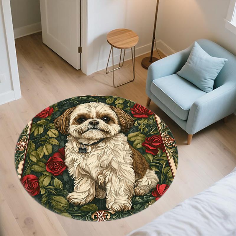 Rose Dog,Round Area Rug,Carpet Rug for Living Room Bedroom Sofa Playroom Decor,Non-slip Floor Mat