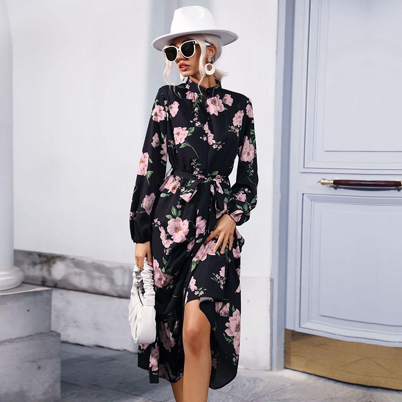 YYFS Women's Fashion Flower Pattern Print Long Sleeve High Neck High Waist Casual Dresses