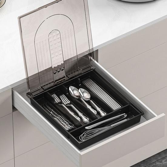 Cutlery Storage Tray with Transparent Lid Classification Compartments Organization Large Capacity Multi Box Tableware Fork Chopsticks Spoon Tableware
