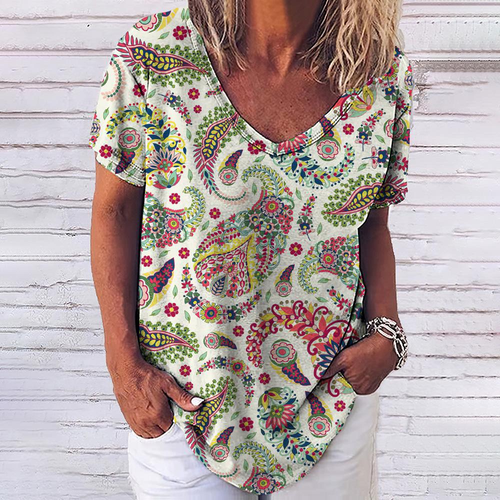 Винтажный принт топ женский с короткими рукавами уличная летняя футболка женская мода повседневная футболка с V-образным вырезом Y2k свободная женская одежда