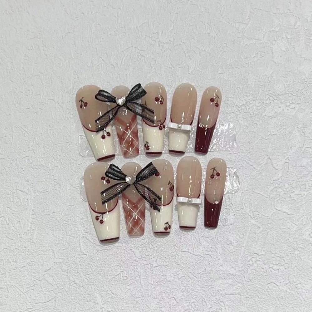 10Pcs Handmade Cat Eye Gradient Long Coffin Stiletto Press On Nails With Glitter Diamond Pearl Flower Bowknot Decorations