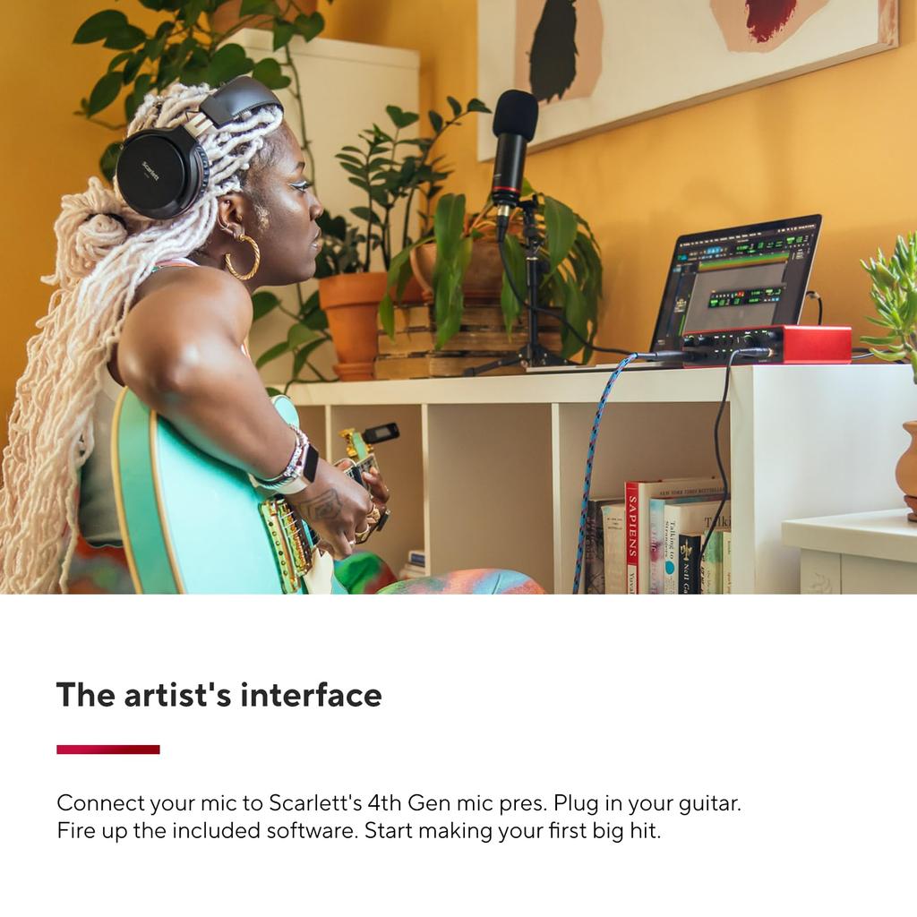 Focusrite Scarlett 2i2 USB-аудиоинтерфейс 4-го поколения для подкастинга. Все необходимое программное обеспечение для записи, написания песен,