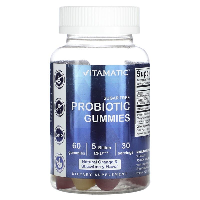 Vitamatic, пробиотические жевательные конфеты, без сахара, натуральный апельсин и клубника, 5 млрд, 60 жевательных конфет (2,5 млрд КОЕ на жевательную резинку)