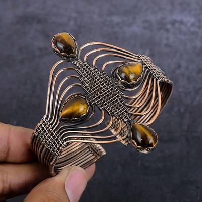 Браслет-манжета из натурального тигрового глаза ручной работы из медной проволоки, регулируемый T5m73