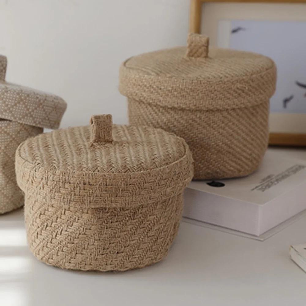 Weaving Snack Storage Box Jute Sundries Storage Baskets With Lids Wardrobe Table Round Gift Box Wicker Seagrass Flower Pot