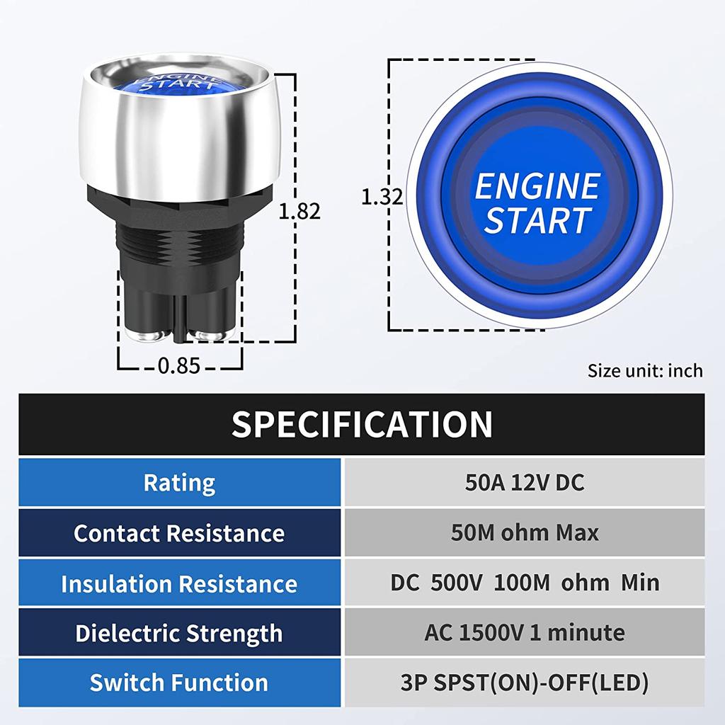 1PC Car Engine Start Ignition Switch 12V 50A 3 Pin SPST Momentary Keyless Push Button Starter Switches ON OFF for Cars Marine RV
