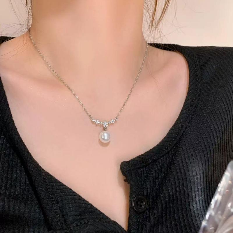 925 Silver Pearl Necklace Women Fashion Cherry Blossom Pendant Full Diamond