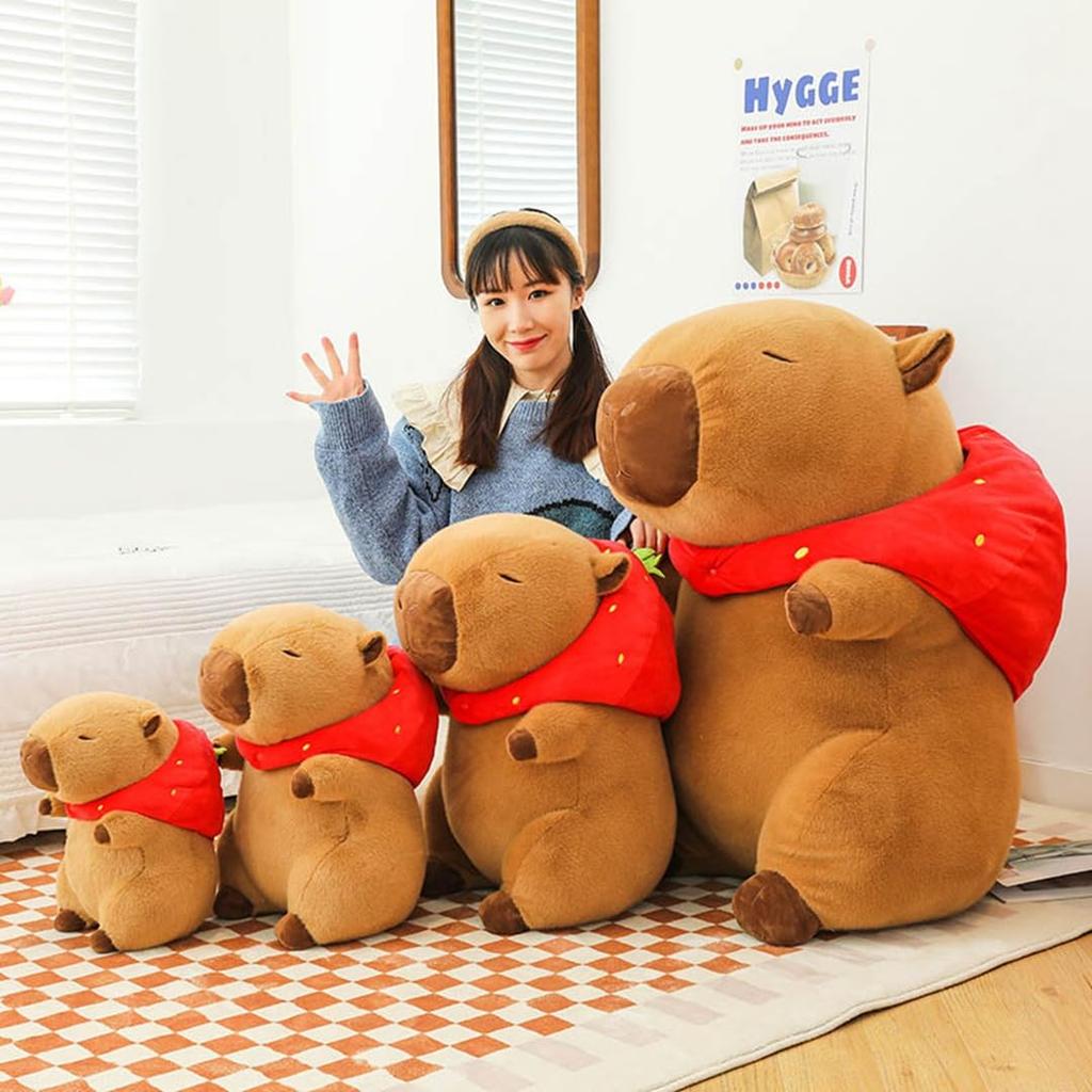 Capybara Plush Body Extra with Removable Strawberry Gift Pillow, Large, Hat, Cute, Fluffy, Fun, Strawberry, Toy, Comfortable, Soothing, Gift, Brown,