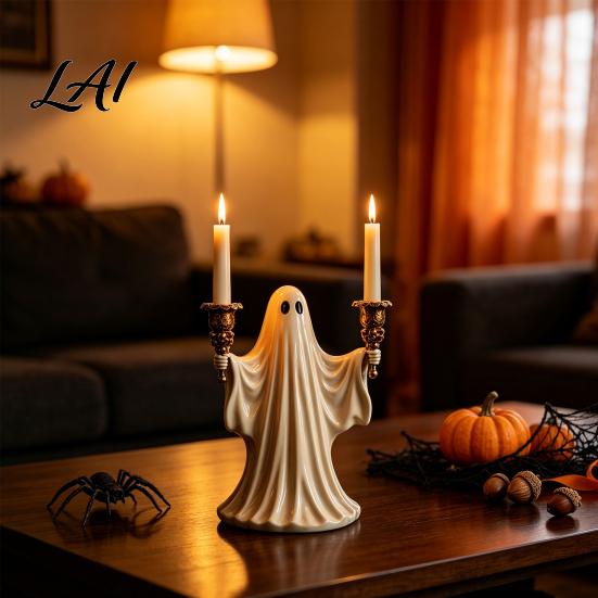 Cute Ghost Figurine Candle Holder for Halloween Resin Tealight Candlestick Taper Seasonal Tabletop Decor Home Table & Spooky Atmosphere Accessory