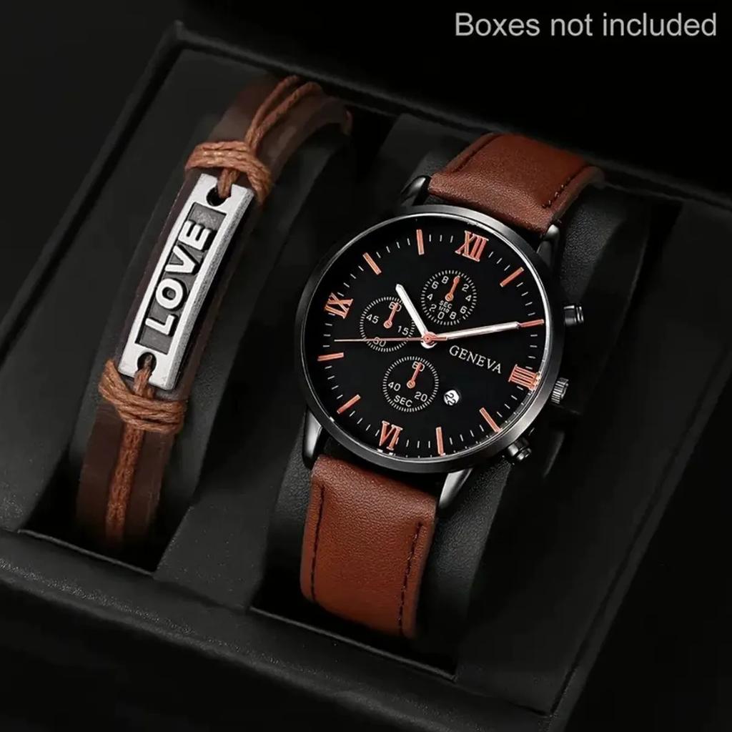 2pcs Set Men Watch Fashion Business Quartz Wrist Watches Brown PU Leather Strap and Weaving Bracelet Men Clock Gift Set