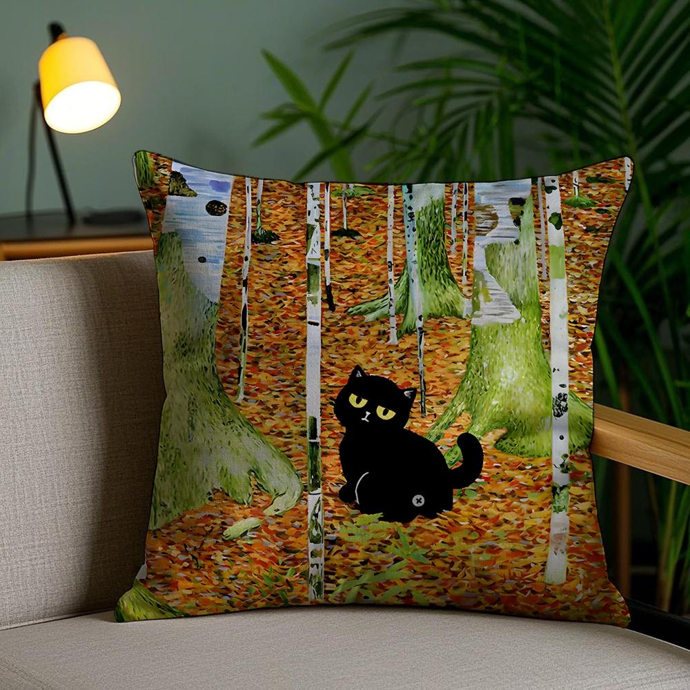 Cute Black Cat Oil Painting Cushion Cover Plush Fabric DoubleSided Printed Invisible Zipper Sofa Pillow Case Home Bedroom Decor