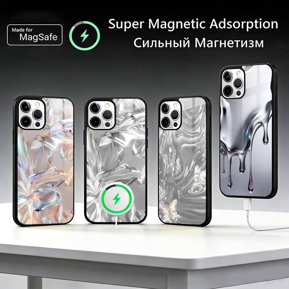Liquid Metal Aesthetic Phone Case For IPhone17 16 15 14 13 12 11 Plus Pro Max Plus Wireless Charger Cover Funda