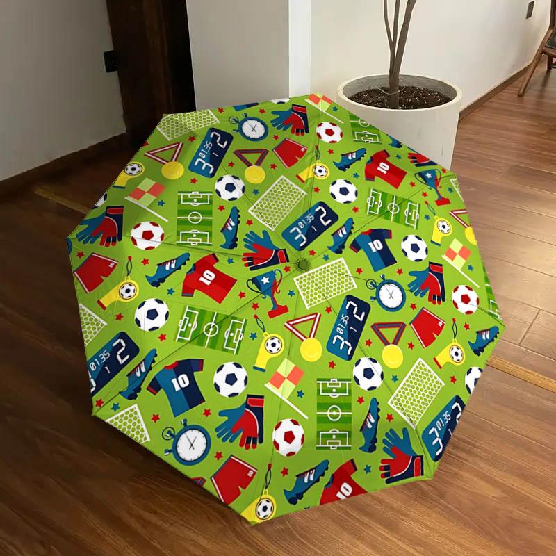 Soccer-themed Sports Equipment Set with Automatic Opening Umbrella, Portable Tri-fold Design, 8-Bone Iron Frame, Outdoor Rain Gear, Ideal Gi