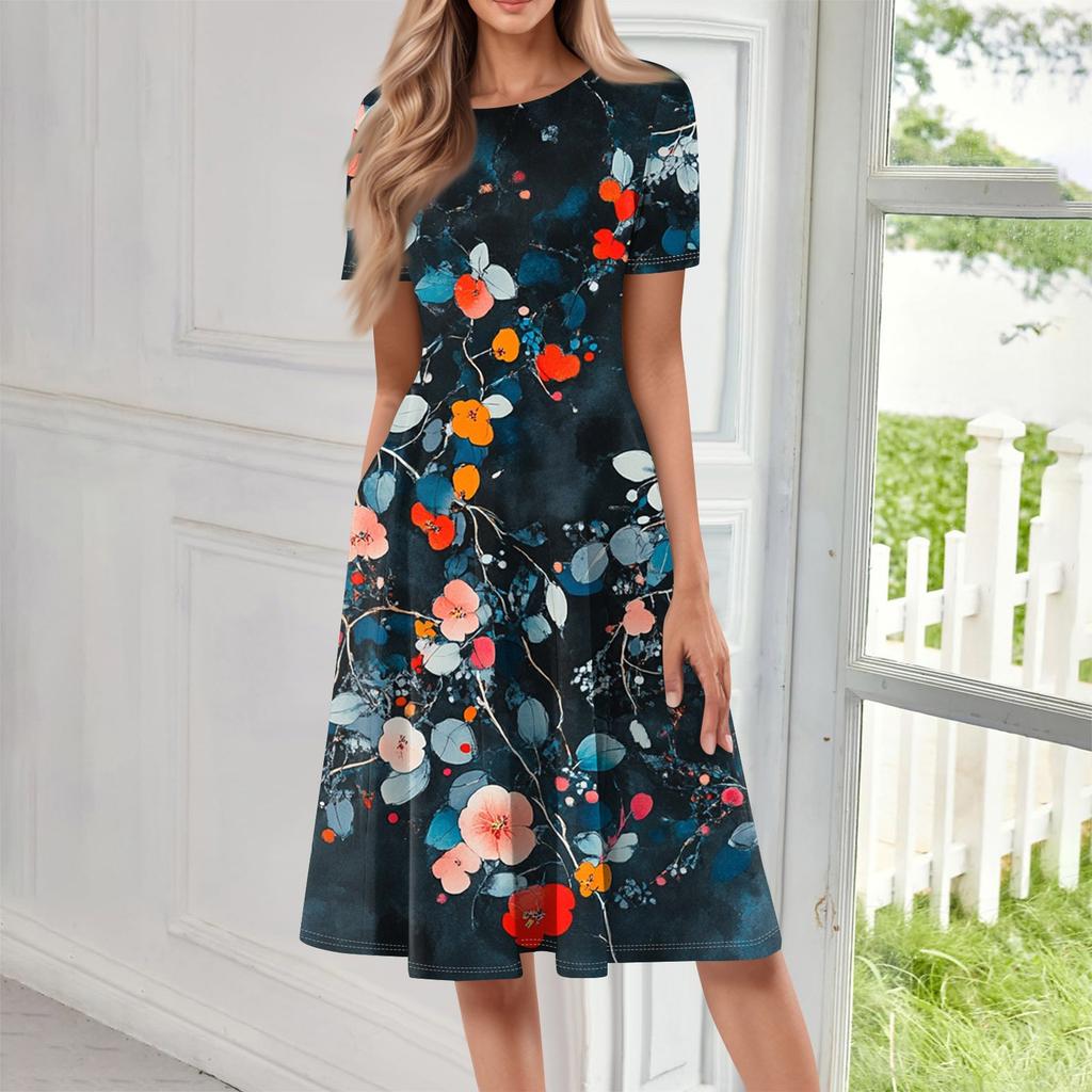 Женское свободное повседневное и модное платье с круглым вырезом и короткими рукавами, средней длины с принтом