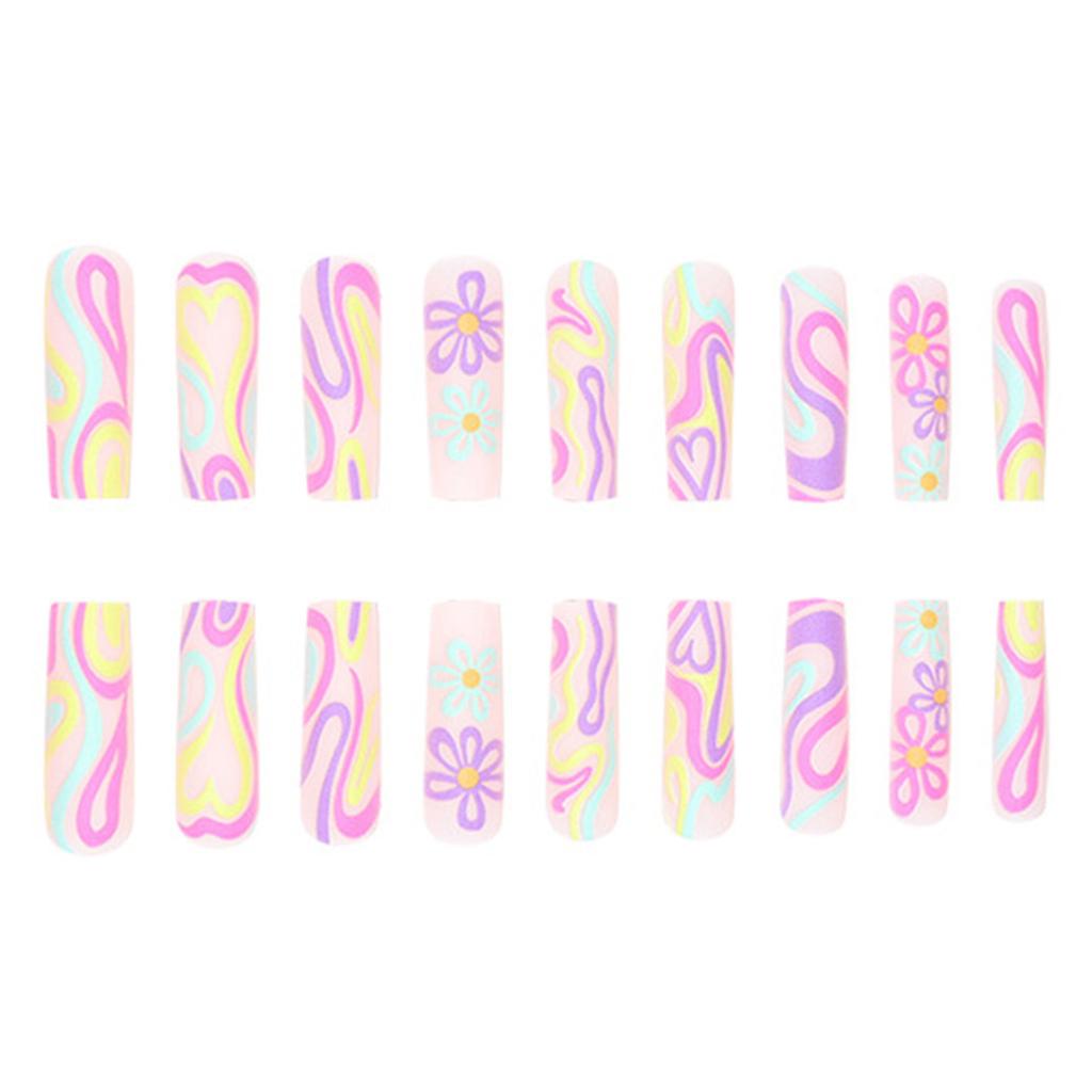 Nude Long Fake Nails with Flower Graffiti Chip-Proof Smudge-Proof Fake Nails for Daily and Parties Wearing