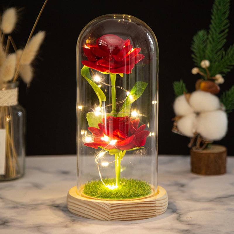 Two simulated roses glass cover ornament creative Valentine's Day Mother's Day gift eternal flower night light