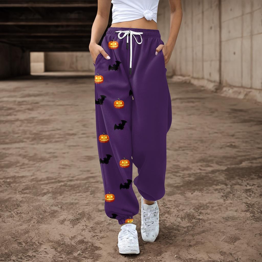 Женские повседневные брюки с принтом на Хэллоуин, эластичные брюки с завязками на талии