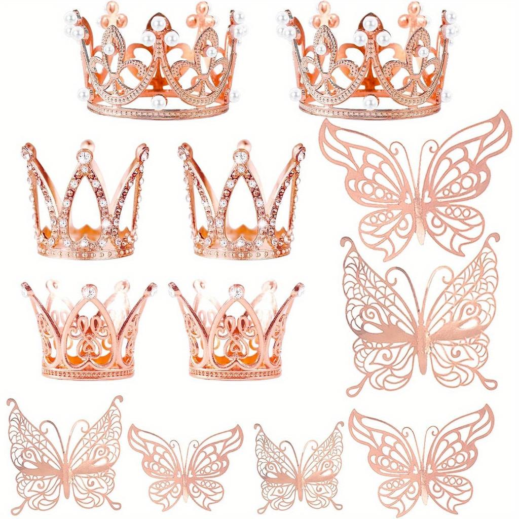 9 шт. Топпер для торта в виде короны Мини-тиара с 3D-украшением в виде бабочки Винтажный жемчужный стразовый топпер для торта в виде короны Топпер для кекса Украшение для торта