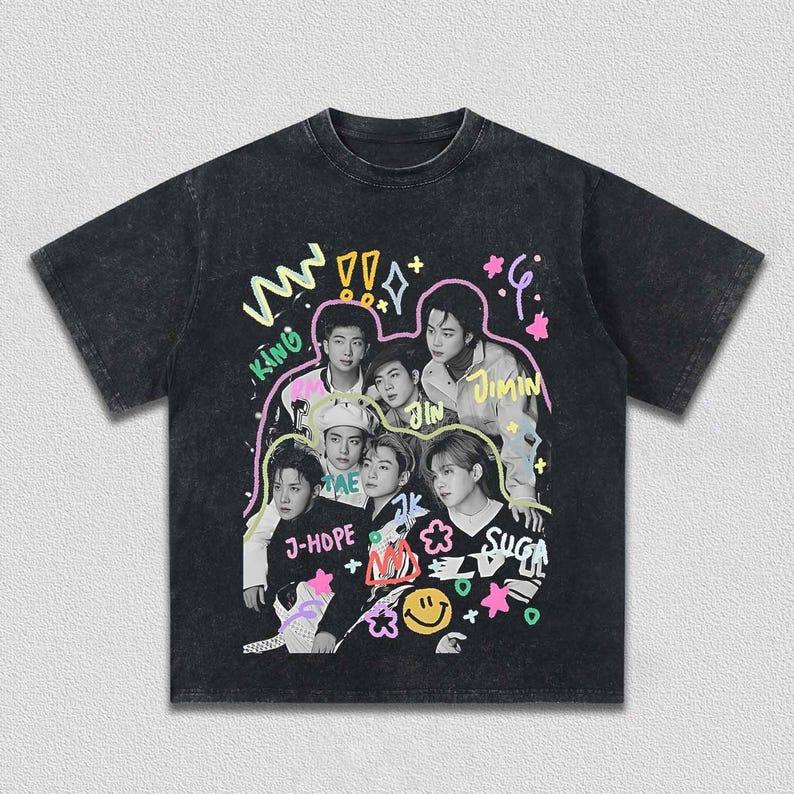 2026 Summer Hot Sale Kpop BTS Graphic Washed T-shirts Men Women Casual Retro Cotton T Shirt Soft Loose Cotton Tshirt