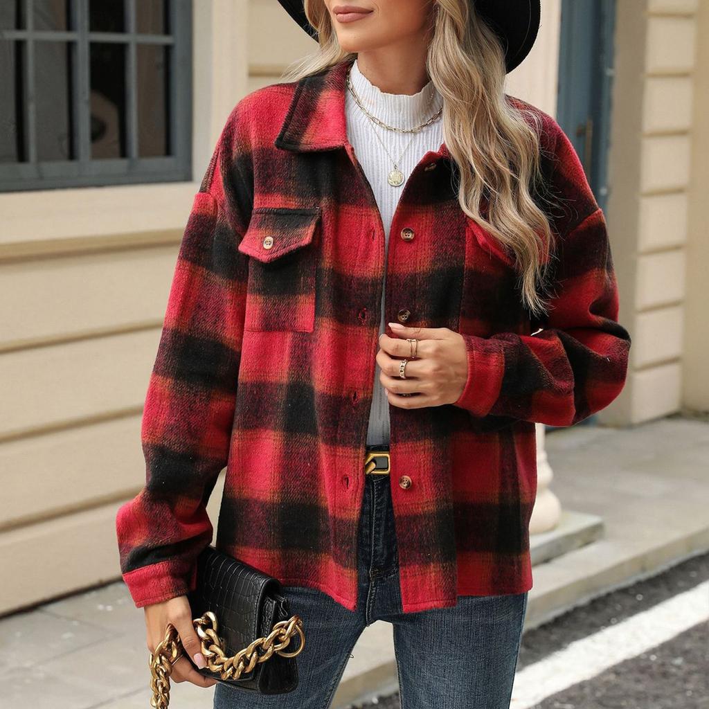 Женская свободная повседневная клетчатая шерстяная куртка с длинными рукавами и лацканами, модная куртка