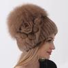 Natural Fluffy Fox Rabbit Fur Hats for Women Winter Knit Floral Striped Elastic Stylish Fashion Warm Thick Outdoor Skull Beanie