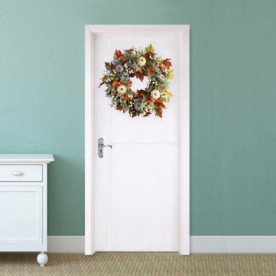 Осенний венок из тыквы для входной двери, деревенская гирлянда осеннего урожая с кленовыми листьями и ягодами, украшение на Хэллоуин и День благодарения для украшения фермерского дома