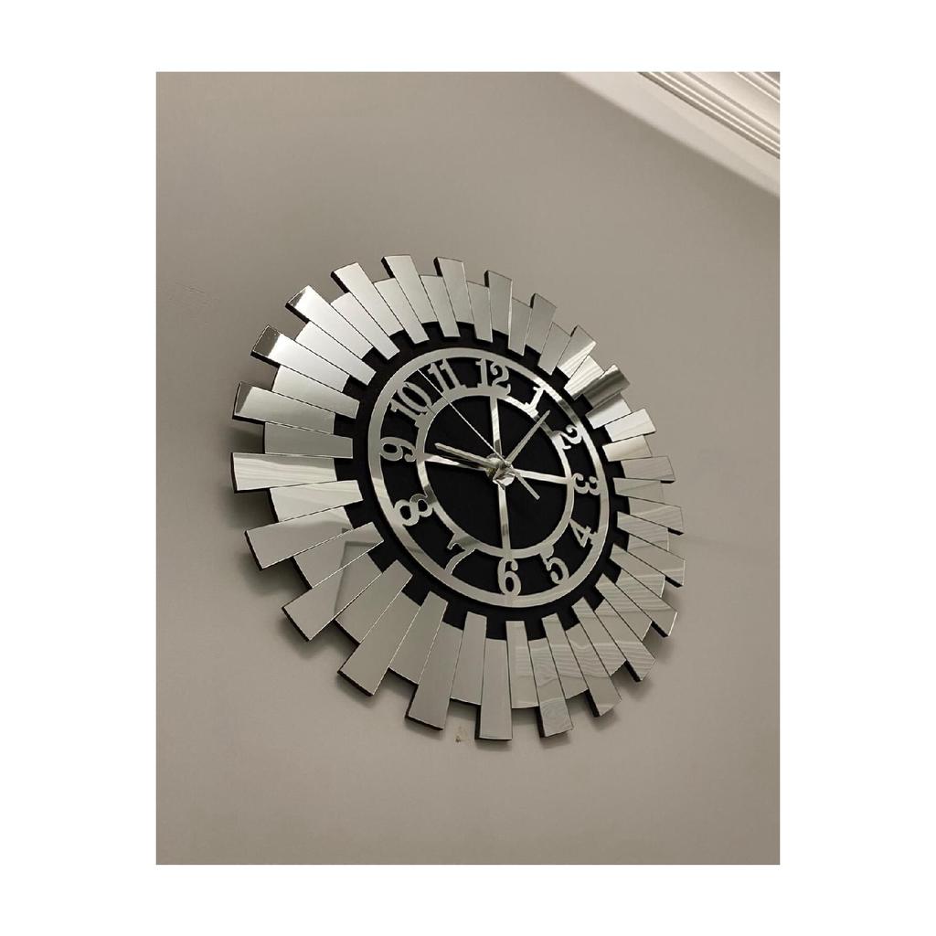 Small Decorative Wall Clock 35x35 Cm Stylish Turkish Numerals Black Mdf With Silver Mirrored Plexiglass
