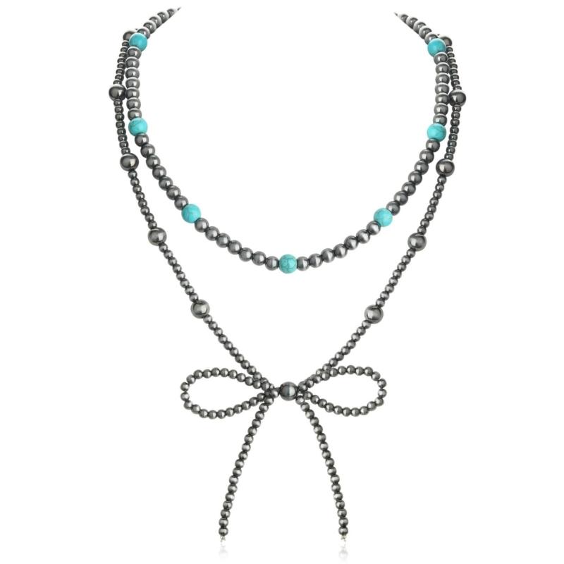 Elegant Bowknot Charm Necklace Adjustable Chain Length Neckchain Turquoise Beaded Choker Accessory for Daily Wear