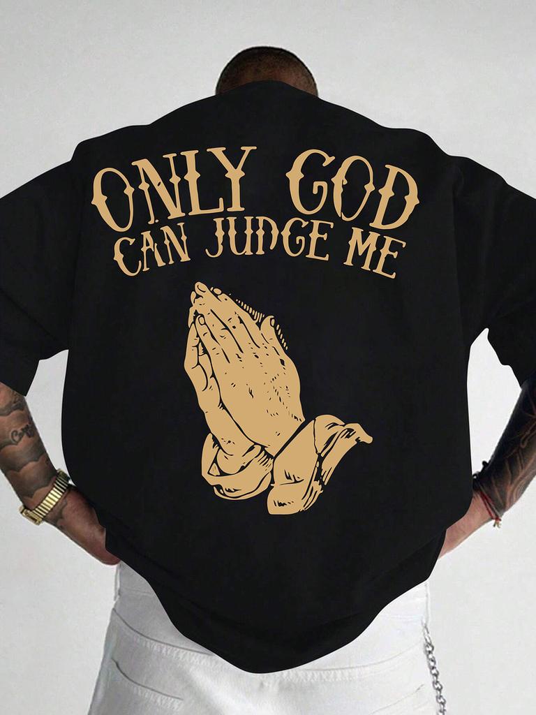 Summer Men's Casual Short Sleeve T-Shirt Loose Only God Can Judge Me Graphic with Raised Fist Palm Tree Design Round Neck Top