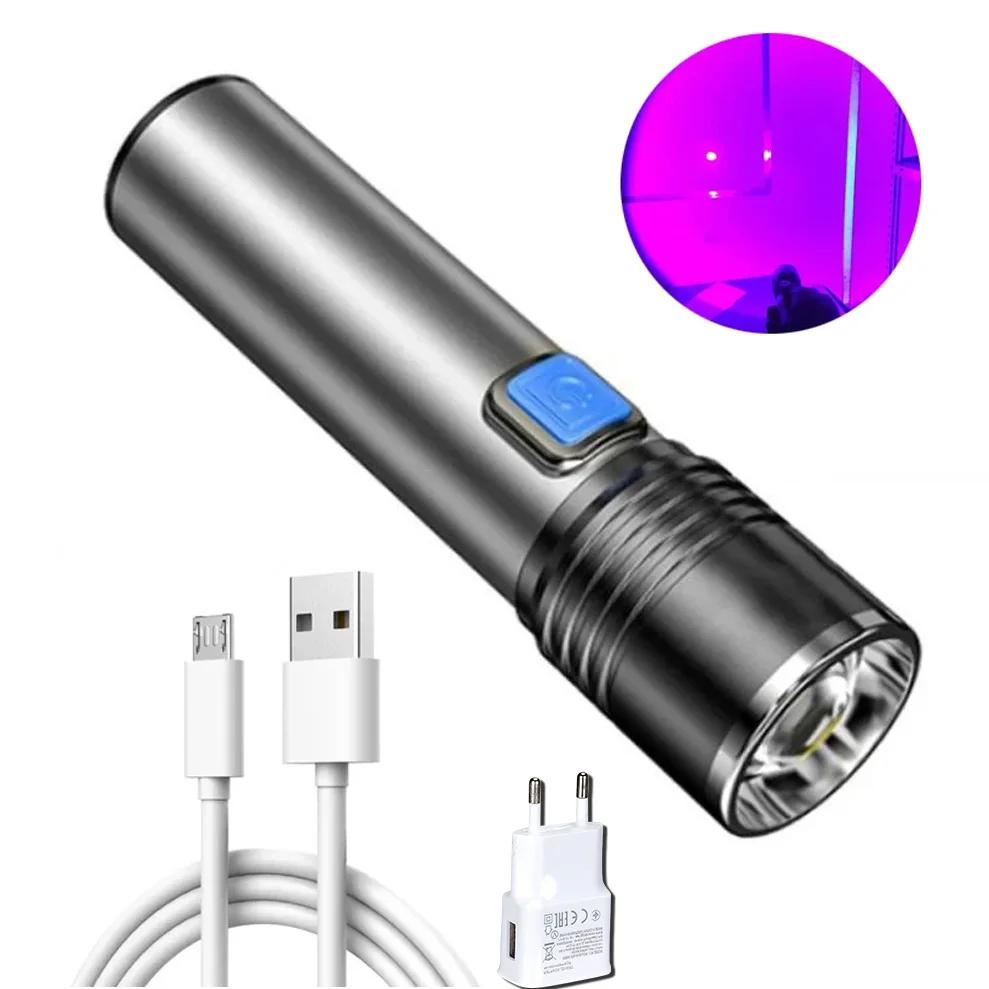 395 нм УФ-фонарик Blacklight Zoomable USB перезаряжаемый УФ-свет Ультрафиолетовый фонарик для детектора мочи домашних животных Отверждение смолы