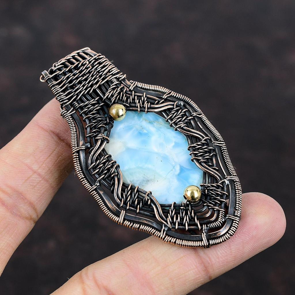 Кулон Ларимар, кулон в медной проволоке, оригинальные ювелирные изделия из драгоценных камней, этнический кулон ручной работы, медные украшения, кулон с камнем, подарок для него