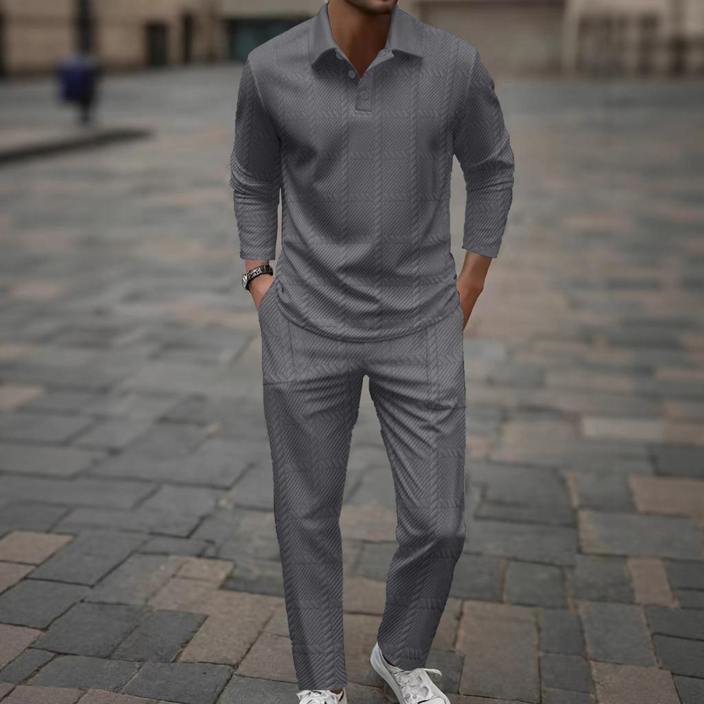 Новая летняя модная мужская повседневная рубашка с коротким рукавом, однотонная, с рукавом до локтя, длинные брюки, комплект из двух предметов