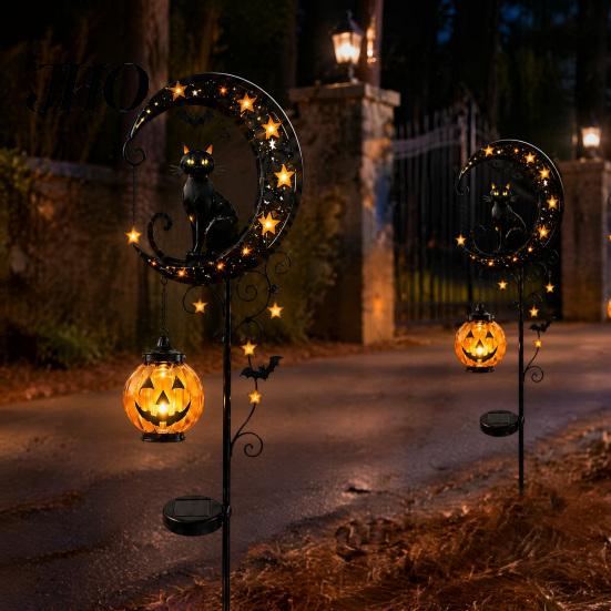 Hanging Pumpkin Halloween Decor Solar Garden Stake Light, Metal Black Cat & Moon Waterproof Crescent Pathway Lights Decorations for Lawn Patio