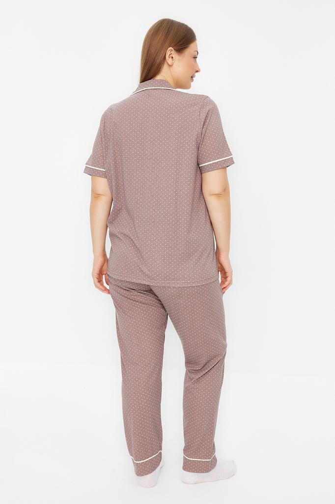 Women's Fashion New Plus Big Size Pajama Set Mink Polka Dot Patterned Shirt Collar Knitted Pajama Set