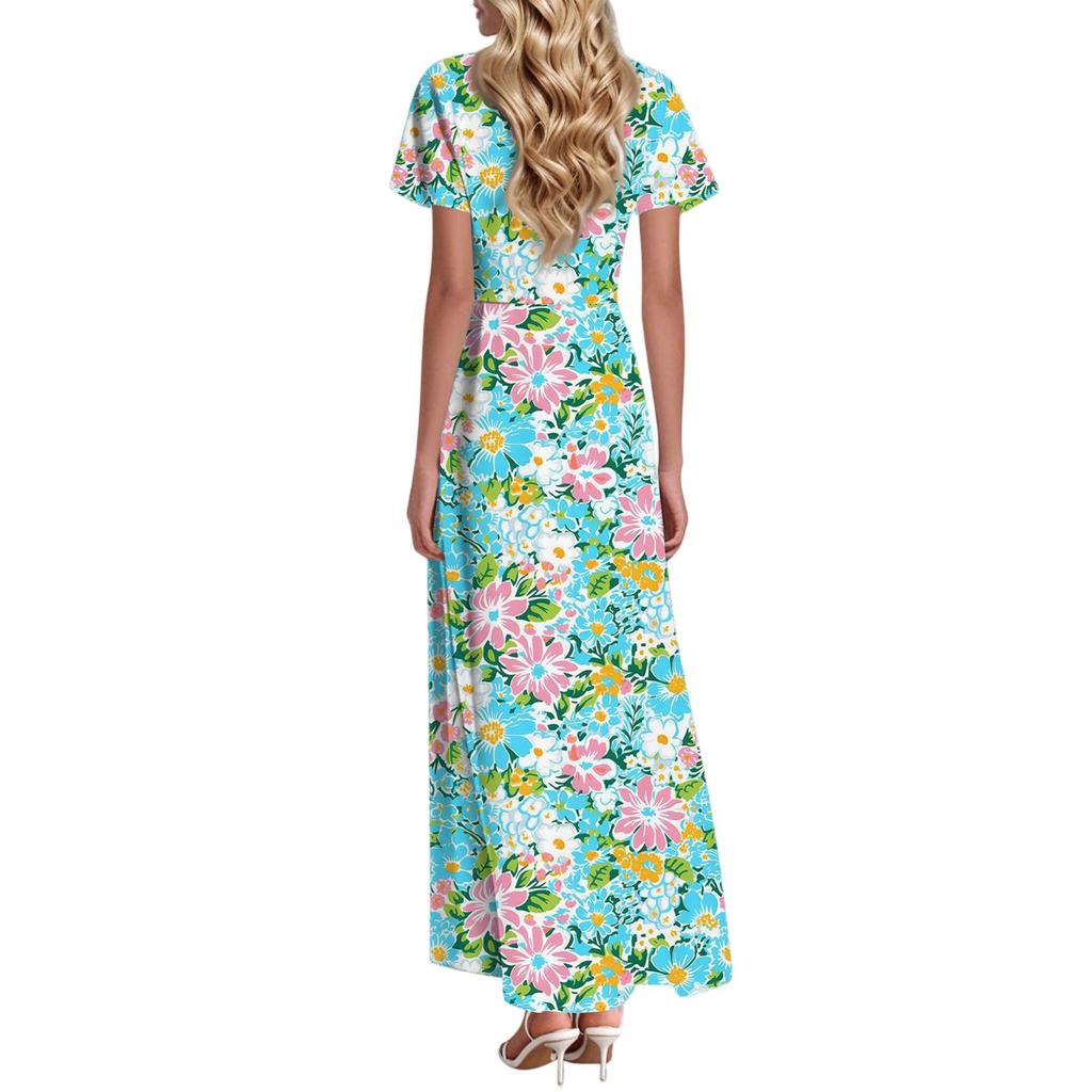 Женское платье макси в стиле бохо, женское летнее платье с коротким рукавом, весеннее повседневное платье А-силуэта с V-образным вырезом, летний пляжный сарафан для отдыха