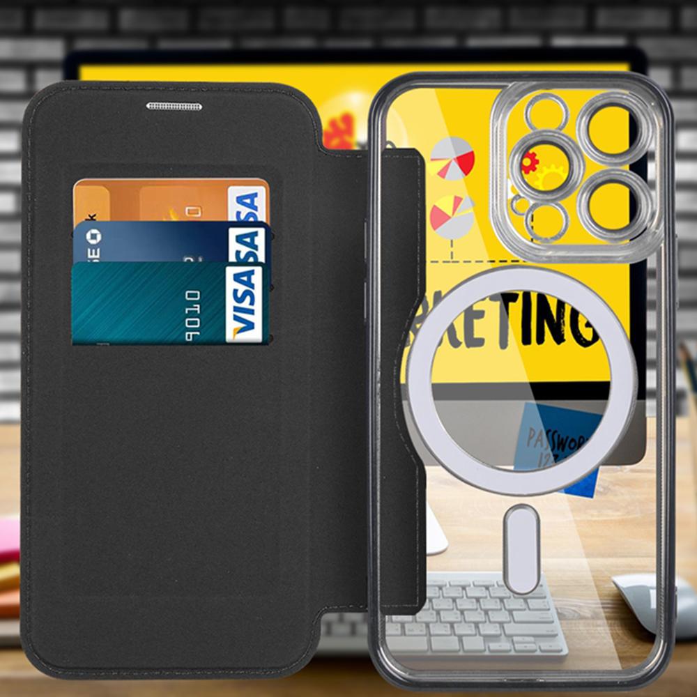 Чехол для iPhone 14 Pro, Совместимый с MagSafe, Блокировка RFID, Слоты для карт, Полностью закрывающий, ТПУ, Гальваническое покрытие, Прозрачная задняя крышка, Чехол-книжка с защитной пленкой для объектива