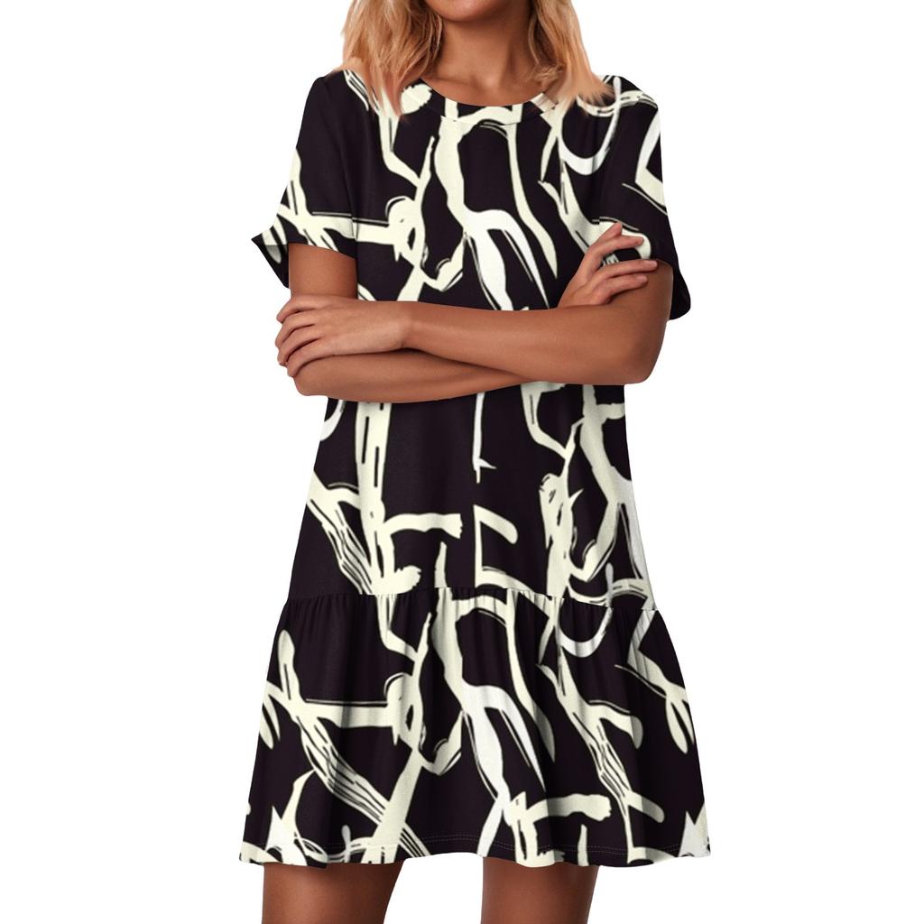 Женские модные повседневные платья с круглым вырезом и коротким рукавом с оборками и винтажным принтом