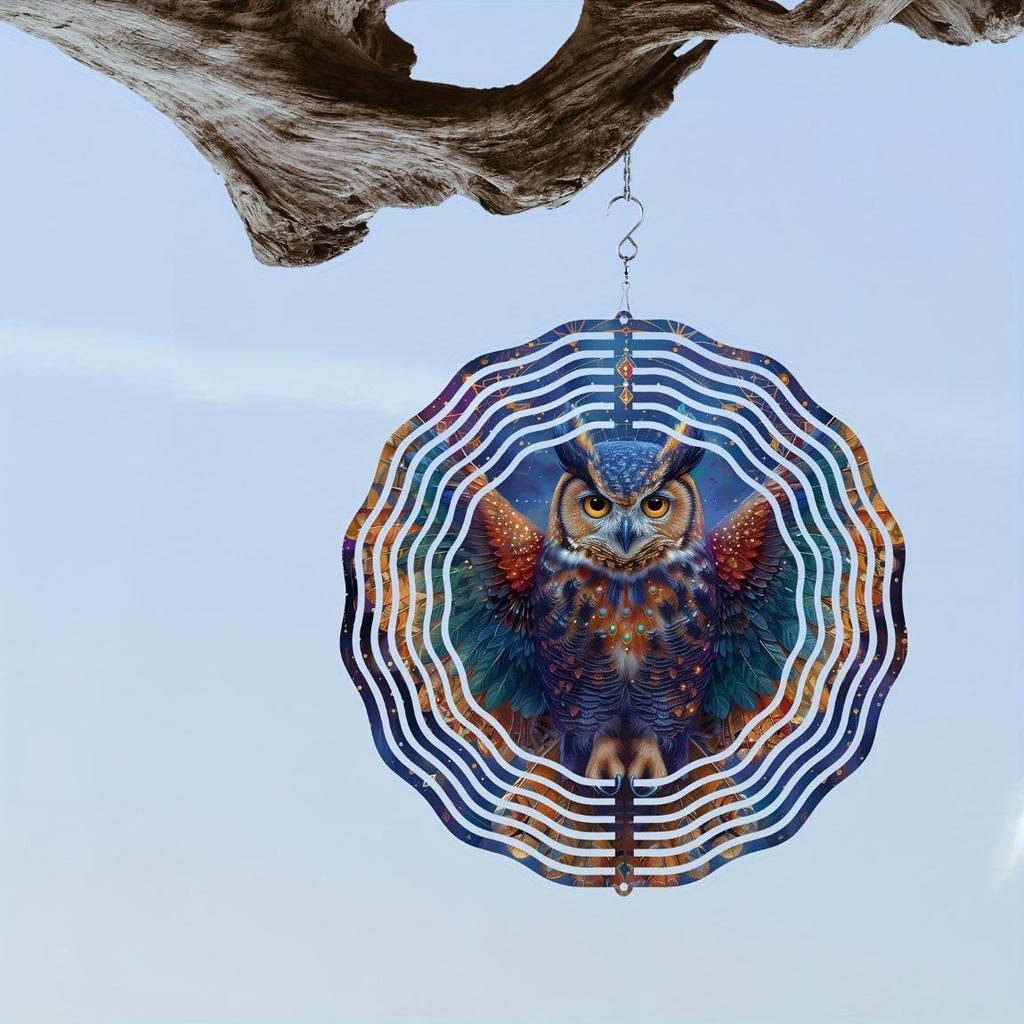 10-дюймовый металлический спиннер для ветра «Сова и звезды» - декоративная подвесная ветряная мельница для сада, патио, окна | Классический круглый дизайн