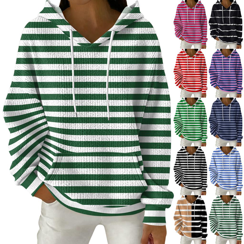 Women's Fashion Casual Striped Print Pullover Long-Sleeve Hooded Sweatshirt