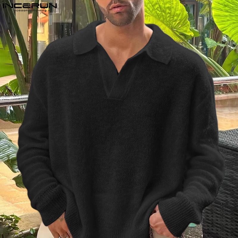 INCERUN Autumn Winter Men Lapel V Neck Long Sleeve Fleece Sweaters Warm Pullovers