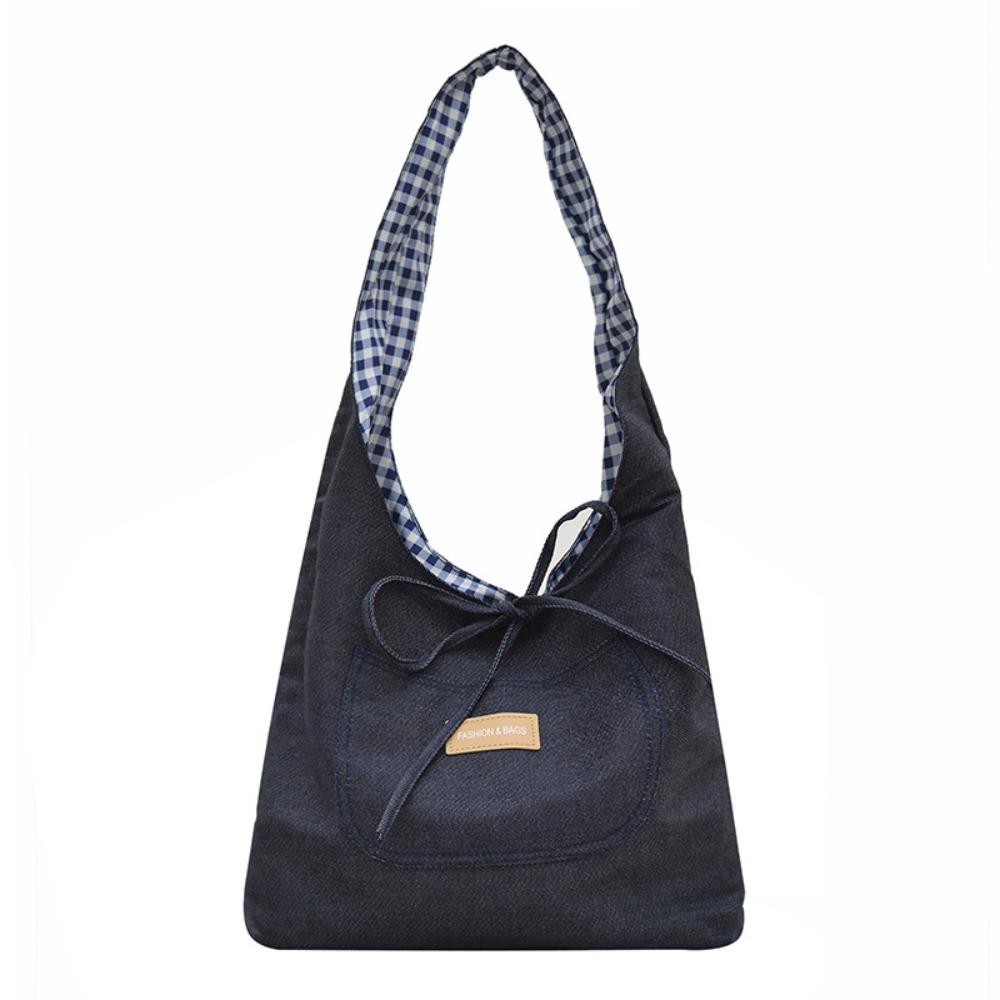 Cloth Denim Shoulder Bag Japanese Style Canvas Tote Bag Double Sided Plaid Denim Vest Bag  Travel