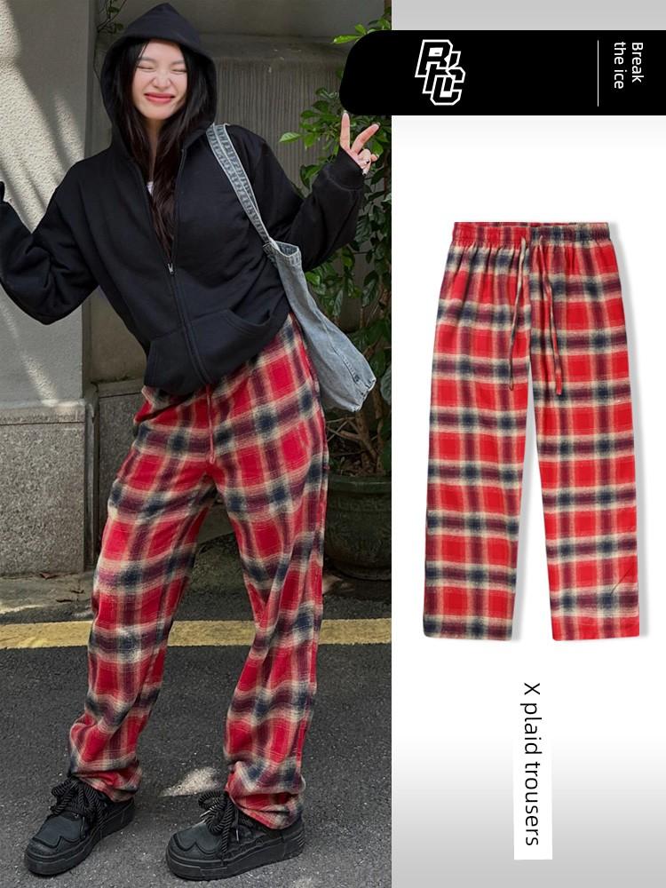 Plaid Pants Loose Straight High Street New Versatile Casual Sports Sweatpants with a Vertical Feel Black and White Basketball Long Pants for Men