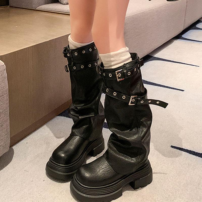 Thick-soled heightening trouser boots women's autumn retro slim knight boots long boots
